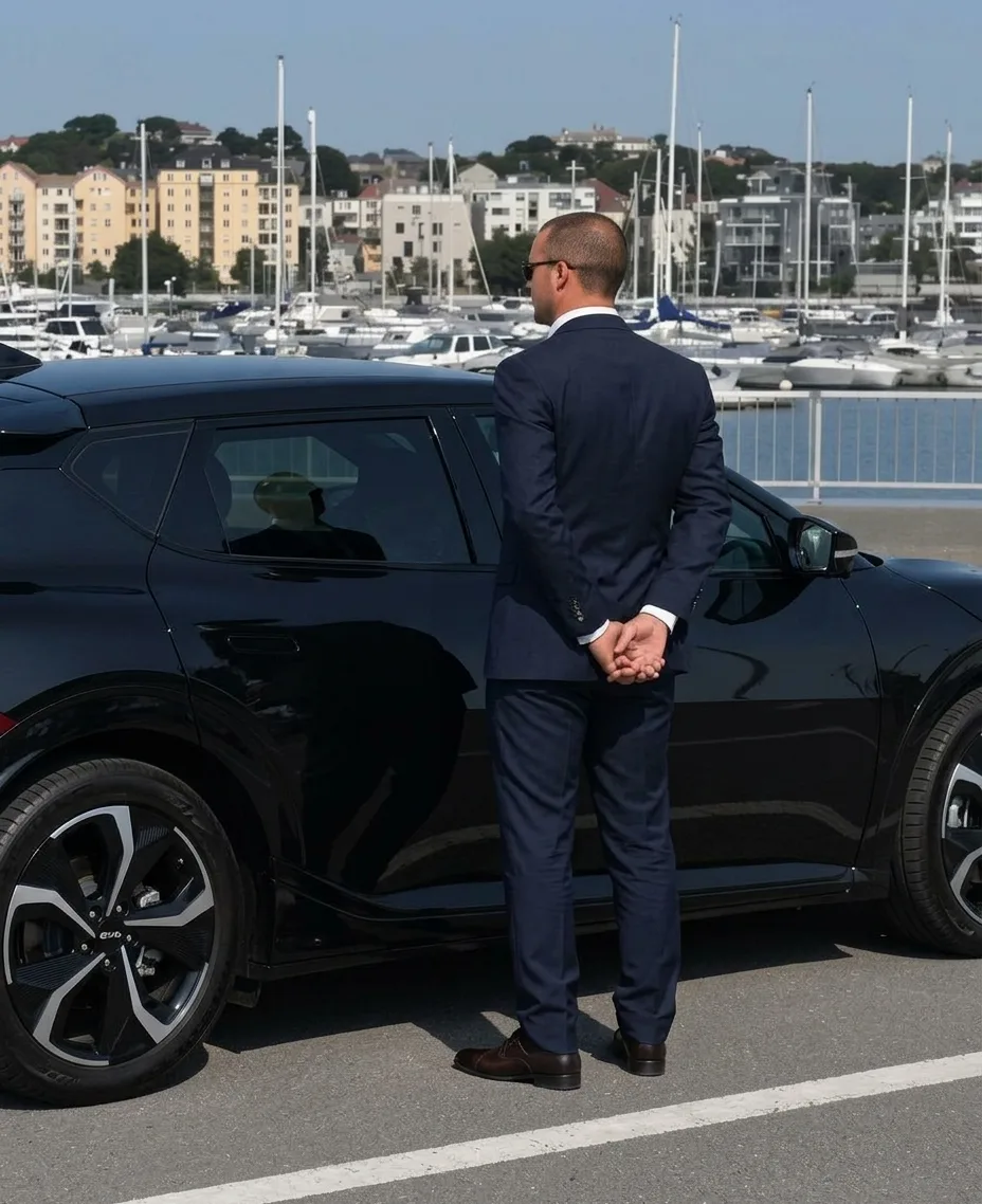 Chauffeur Reveva VTC en costume à côté d'une Kia EV6 noire, sur un port